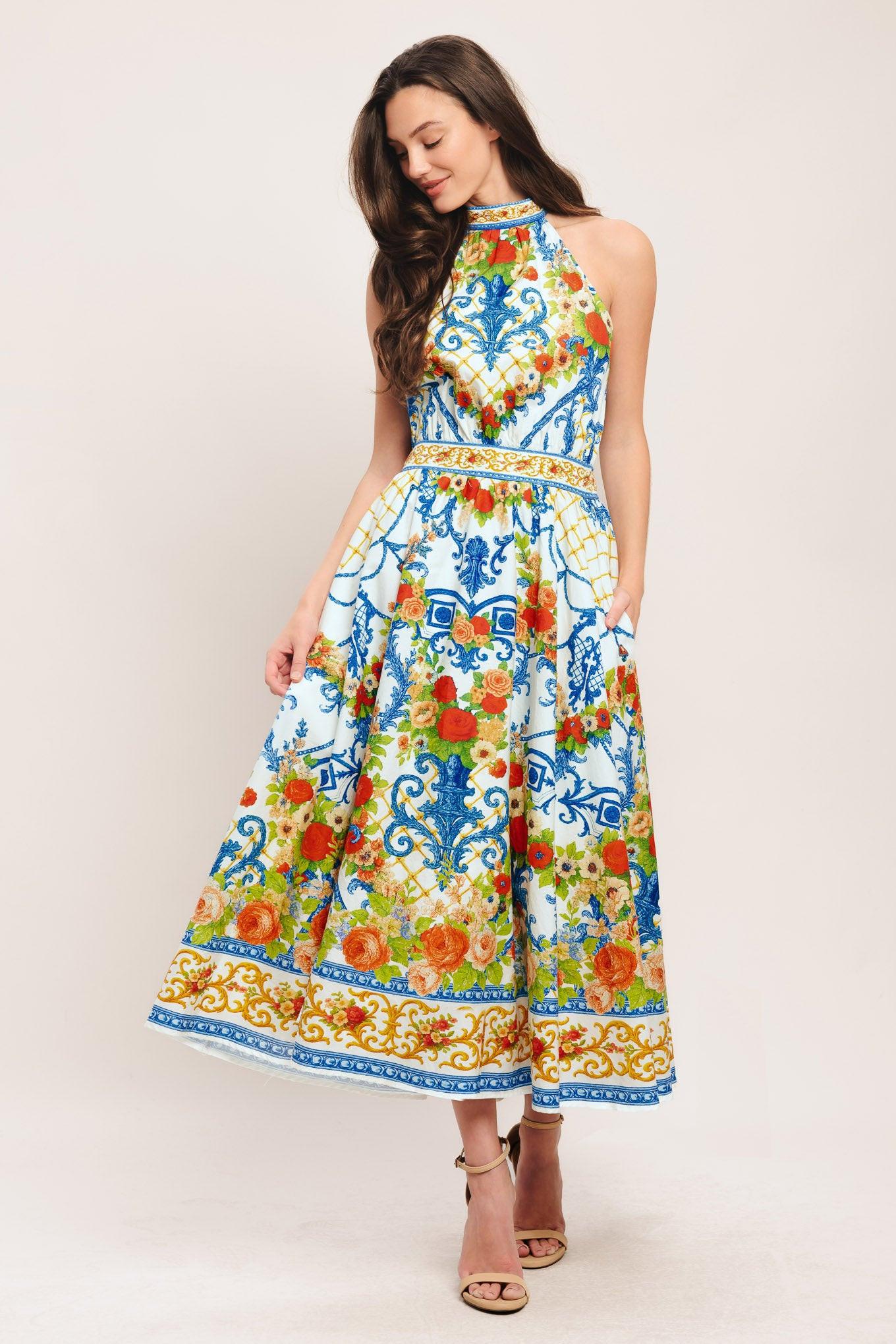 Ceramic Flora Woven Midi Dress in ivory blue, view 3 — Soul Flow Apparel