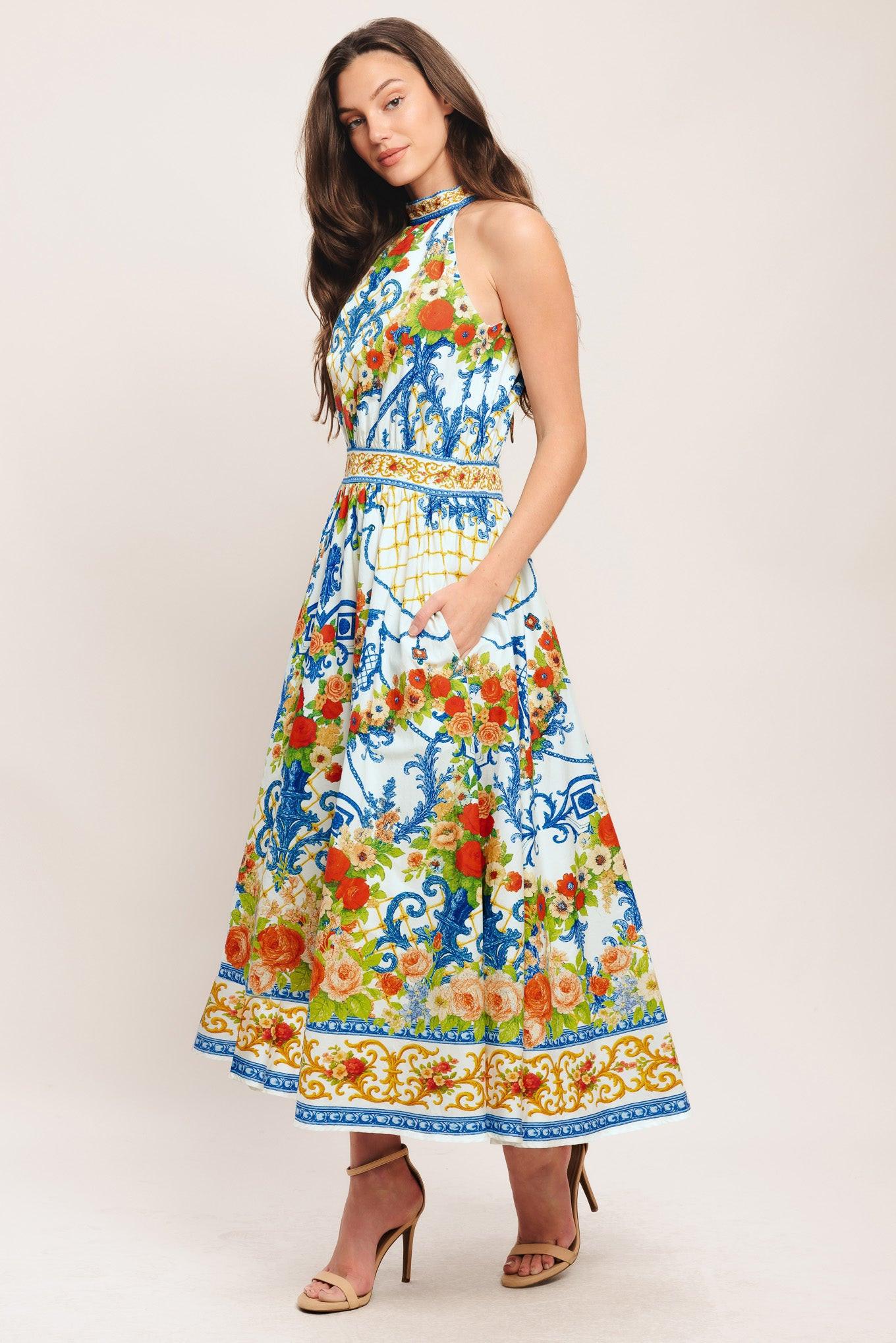 Ceramic Flora Woven Midi Dress in ivory blue, view 4 — Soul Flow Apparel