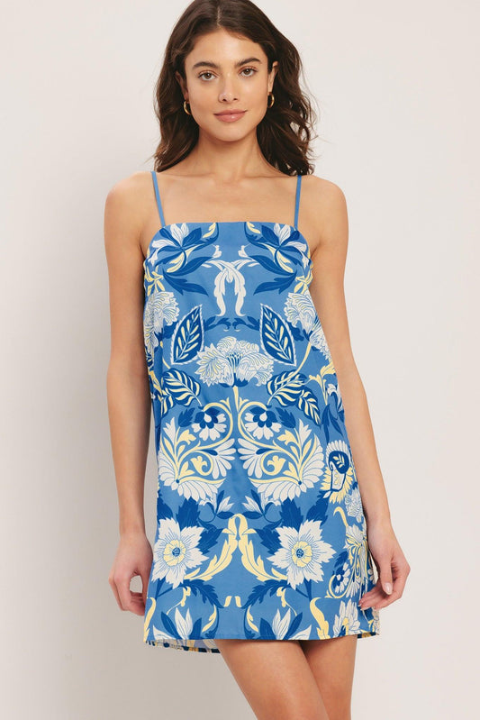 Santorini Sky Woven Mini Shift Dress in blue, view 1 — Soul Flow Apparel