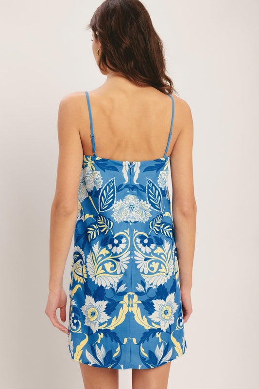 Santorini Sky Woven Mini Shift Dress in blue, view 4 — Soul Flow Apparel