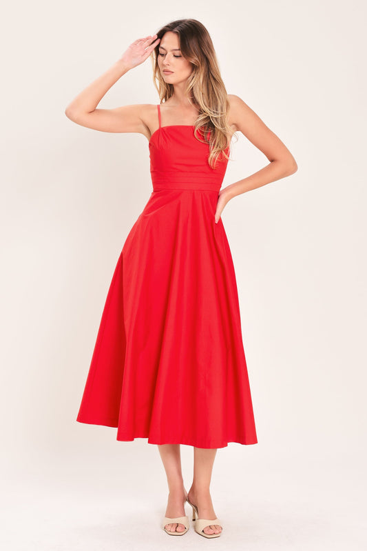 Modern Romance Woven Midi Dress in red, view 2 — Soul Flow Apparel