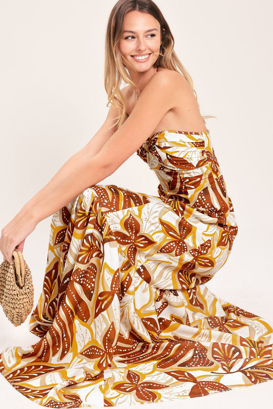 Amber Palm Paradise Woven Maxi Dress in mustard brown, view 3 — Soul Flow Apparel