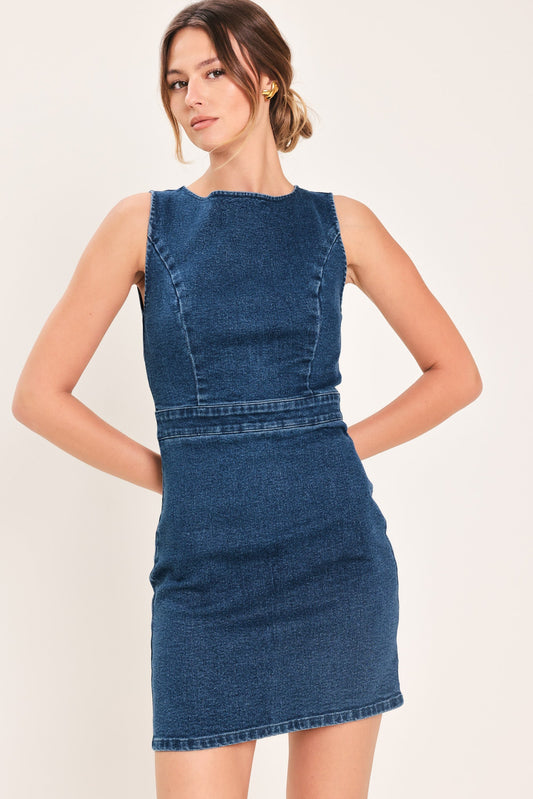 Classic Denim Mini Dress in medium indigo, view 2 — Soul Flow Apparel