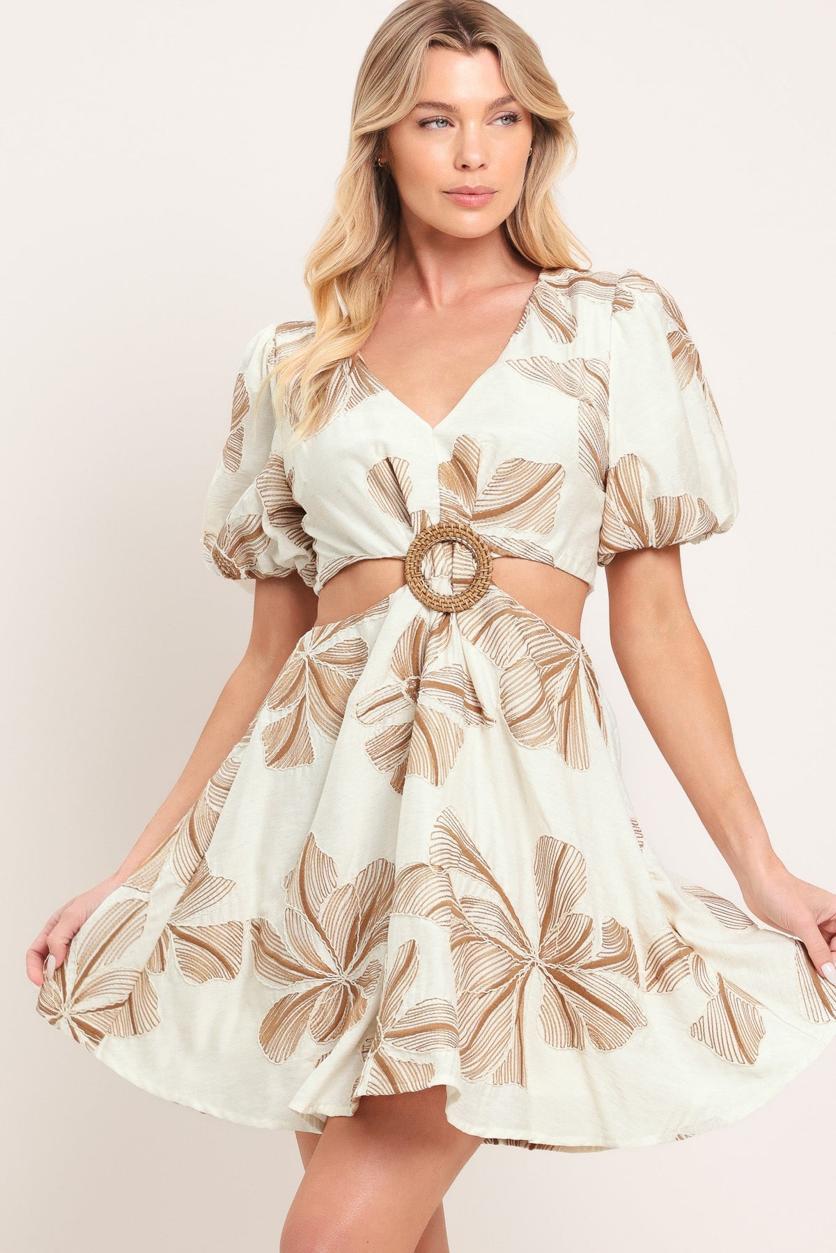 Breeze Bloom Woven Mini Dress in cream, view 3 — Soul Flow Apparel