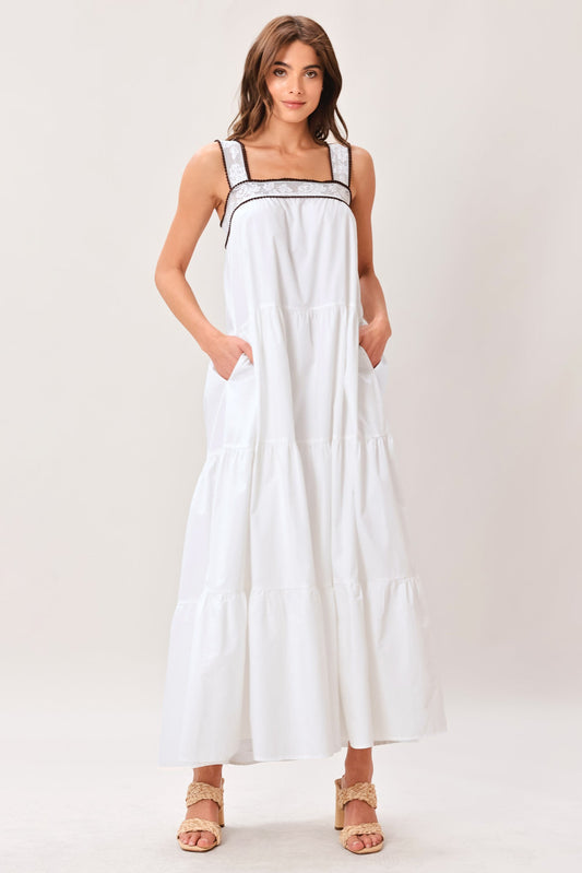 Cloud Line Woven Maxi Dress in white brown, view 1 — Soul Flow Apparel