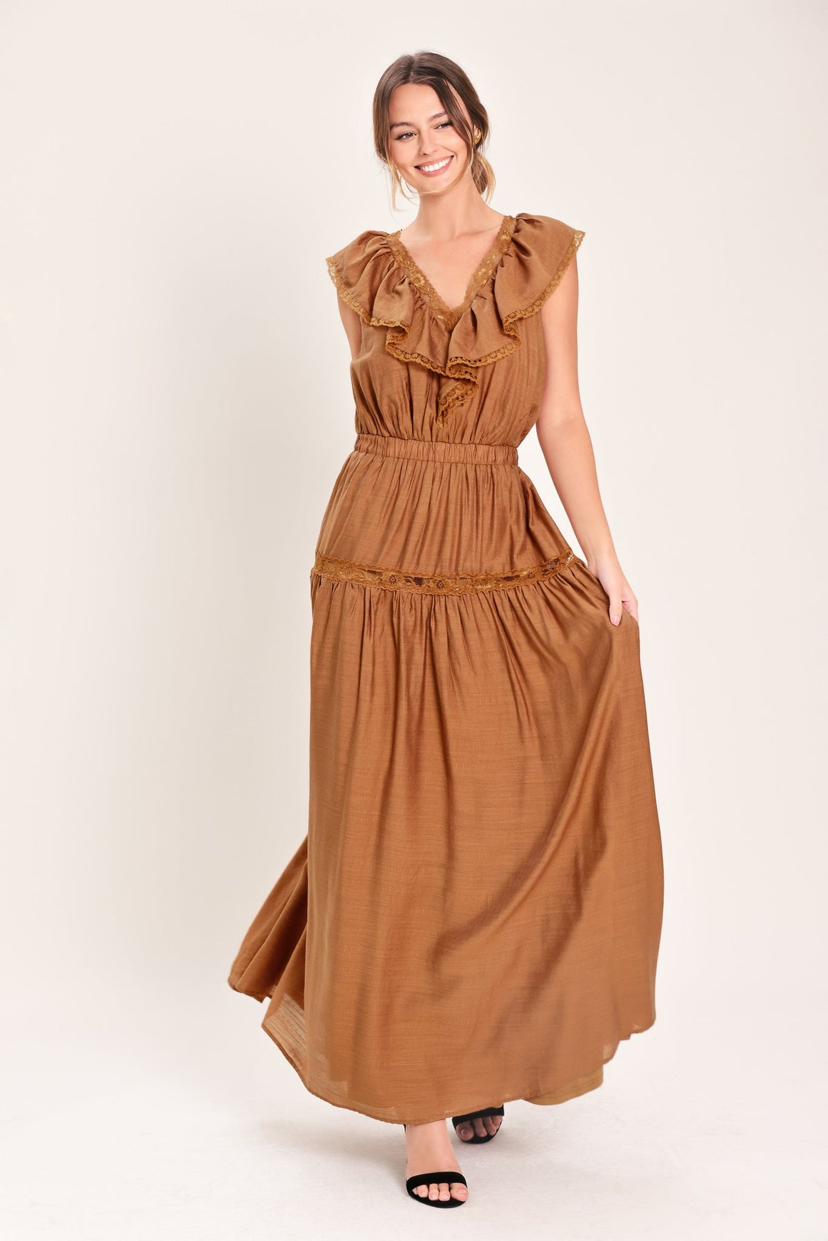 Sunset Drive Woven Maxi Dress in camel, view 1 — Soul Flow Apparel