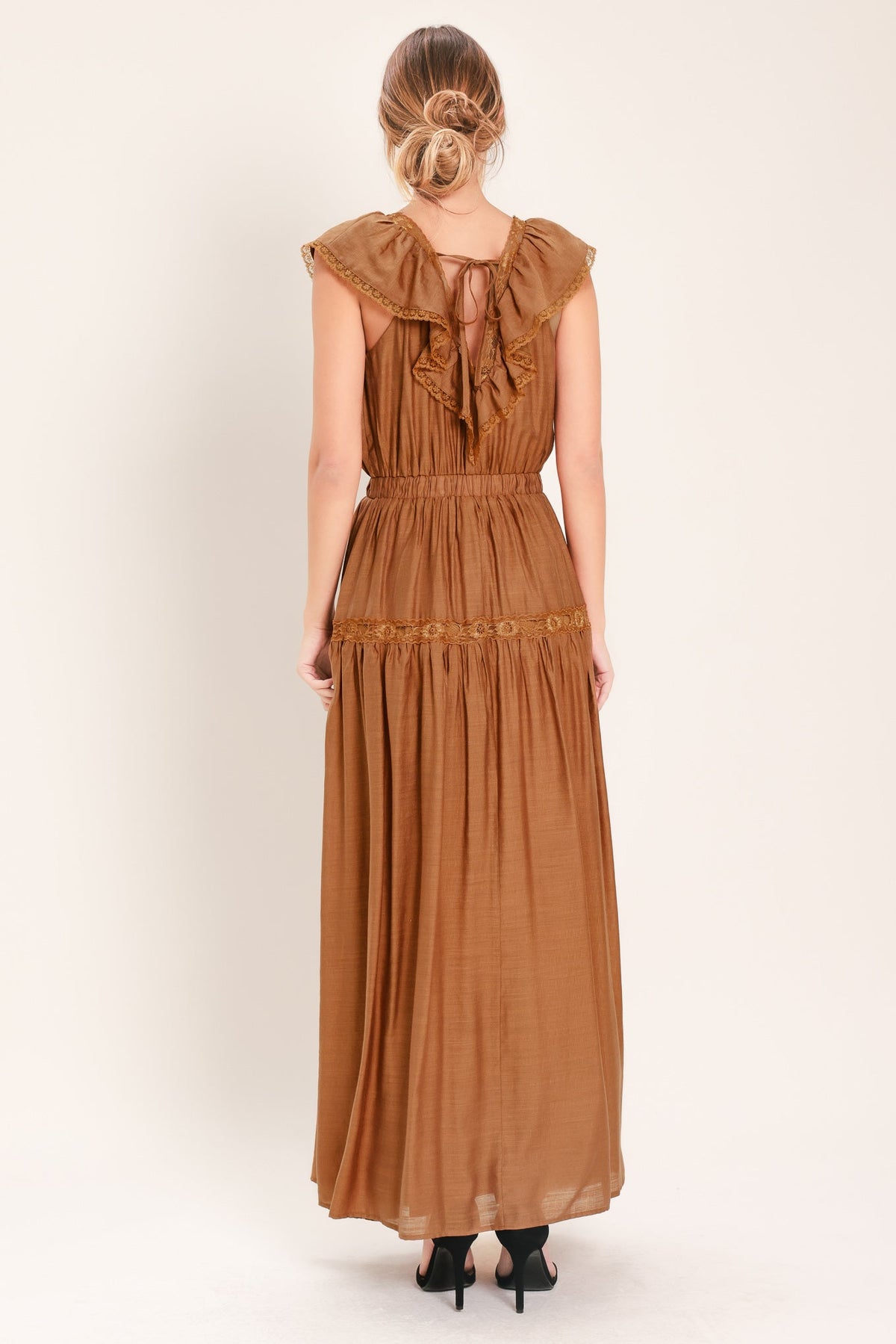 Sunset Drive Woven Maxi Dress in camel, view 4 — Soul Flow Apparel
