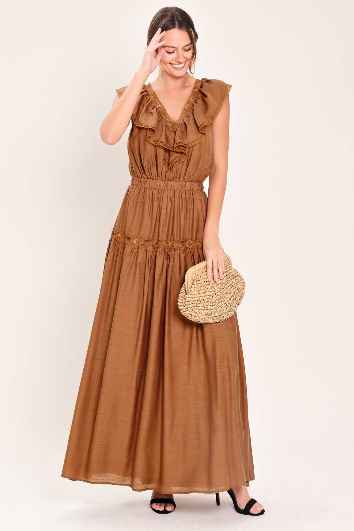 Sunset Drive Woven Maxi Dress in camel, view 6 — Soul Flow Apparel