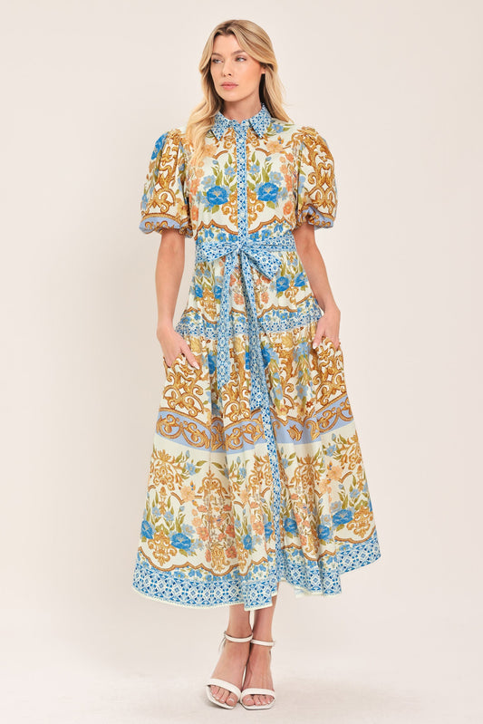 Royal Garden Soiree Woven Midi Shirt Dress in ivory, view 1 — Soul Flow Apparel