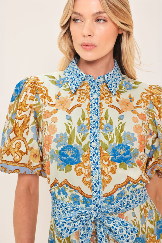 Royal Garden Soiree Woven Midi Shirt Dress in ivory, view 4 — Soul Flow Apparel