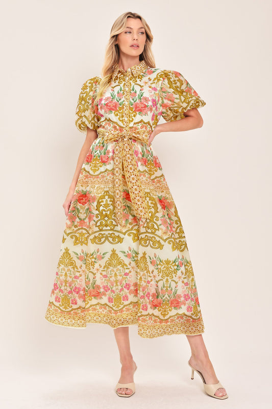 Chateau Rose Woven Midi Shirt Dress in multi floral, view 1 — Soul Flow Apparel