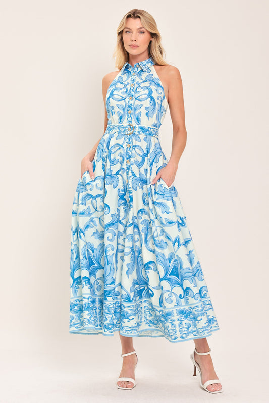 Blue Chateau Woven Maxi Dress in off-white blue, view 3 — Soul Flow Apparel