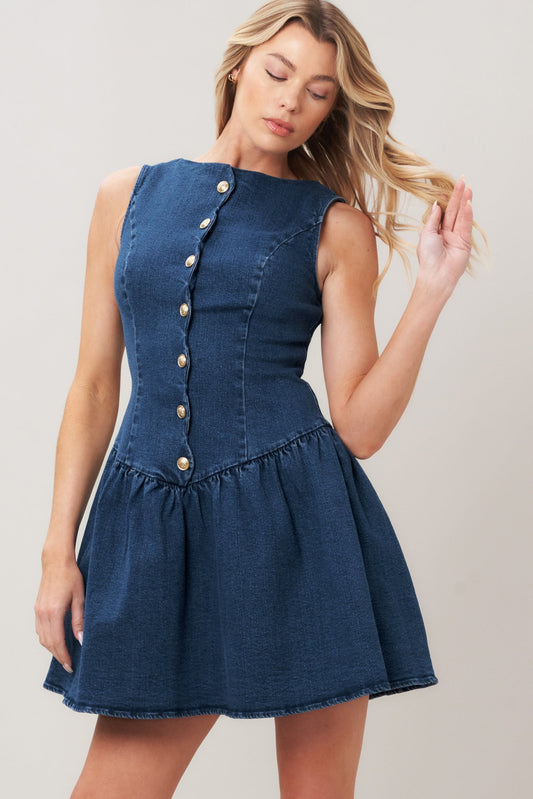 Modern Sweet Denim Mini Dress in medium indigo, view 2 — Soul Flow Apparel