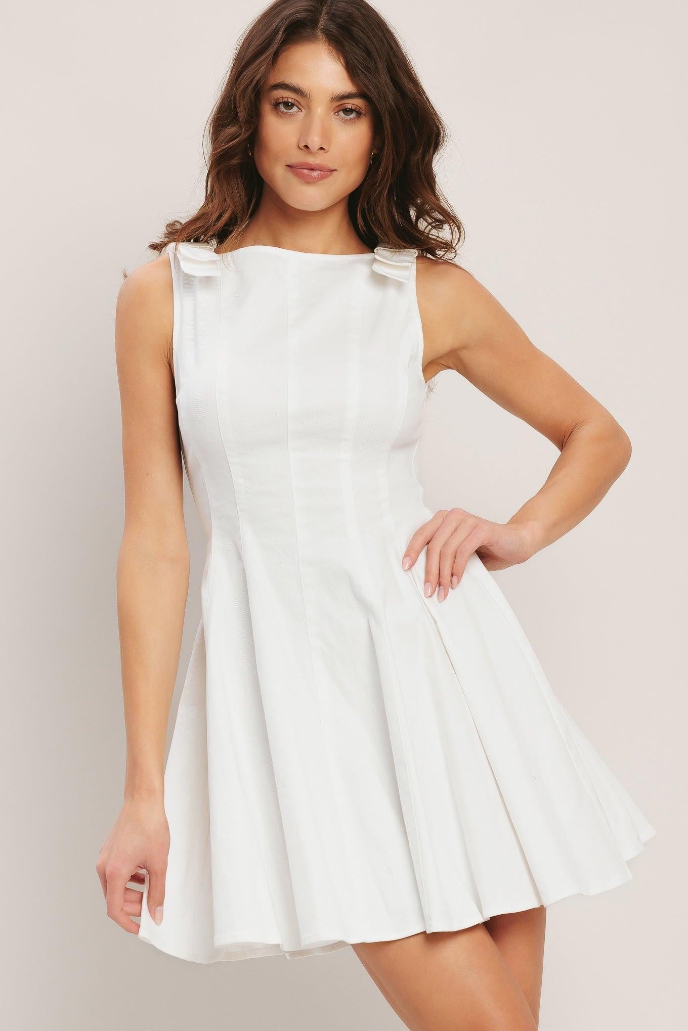 Elegant Moment Woven Mini Dress in white denim, view 1 — Soul Flow Apparel