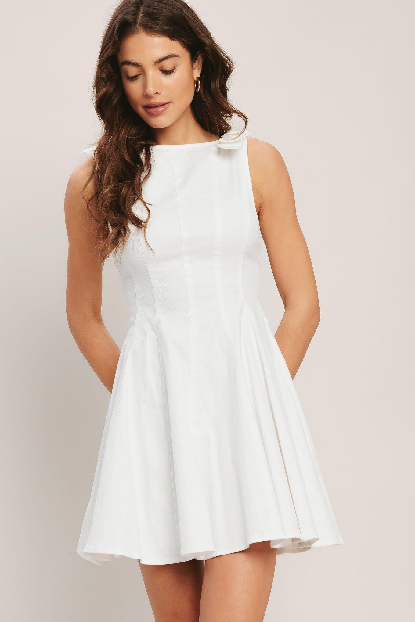 Elegant Moment Woven Mini Dress in white denim, view 3 — Soul Flow Apparel