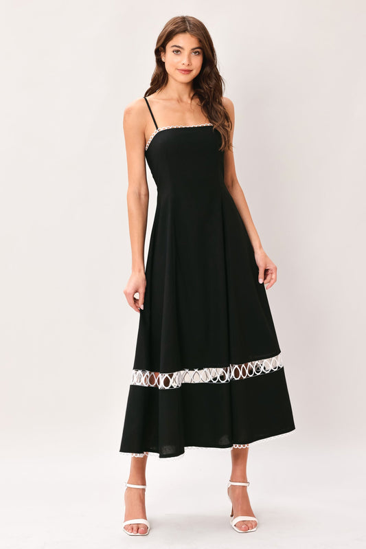 Noir Whisper Woven Midi Dress in black, view 1 — Soul Flow Apparel