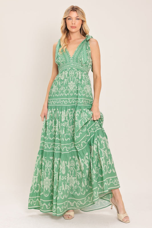 Verona Garden Woven Maxi Dress in sage, view 1 — Soul Flow Apparel