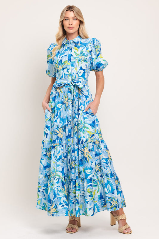 Ocean Garden Woven Midi Dress in blue floral, view 1 — Soul Flow Apparel