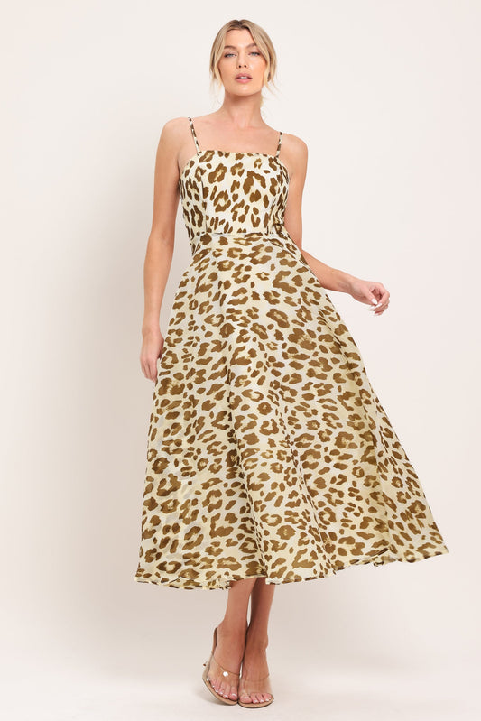 Leopard Grace Woven Midi Dress, view 1 — Soul Flow Apparel