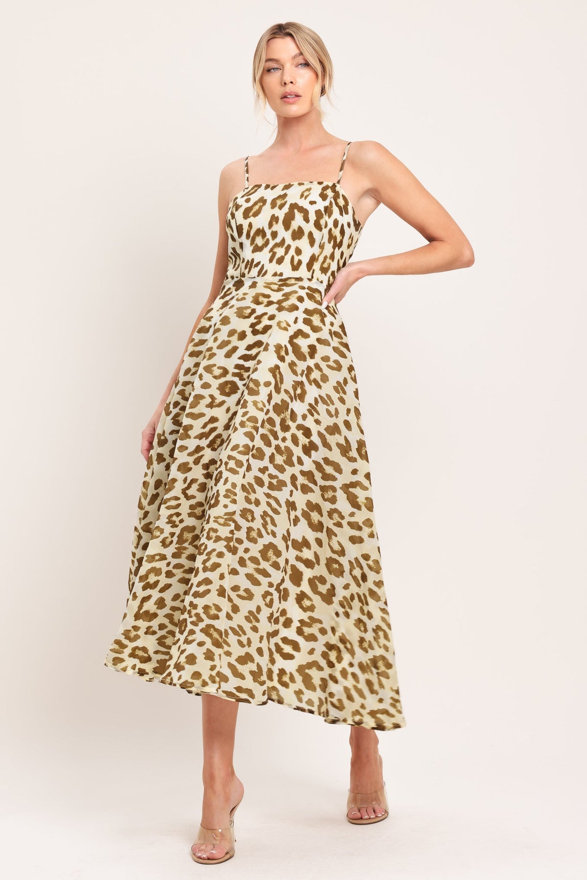 Leopard Grace Woven Midi Dress, view 2 — Soul Flow Apparel