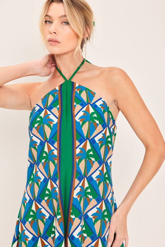 Tropical Temptation Halter Woven Midi Dress in green, view 5 — Soul Flow Apparel