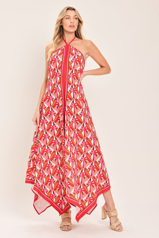 Tropical Temptation Halter Woven Midi Dress in red, view 1 — Soul Flow Apparel