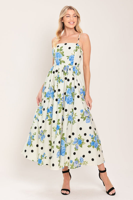 Retro Flora Woven Midi Dress in off-white, view 3 — Soul Flow Apparel