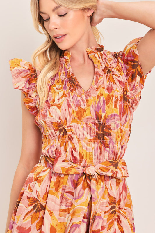 Apricot Blossom Woven Midi Dress in coral yellow, view 4 — Soul Flow Apparel