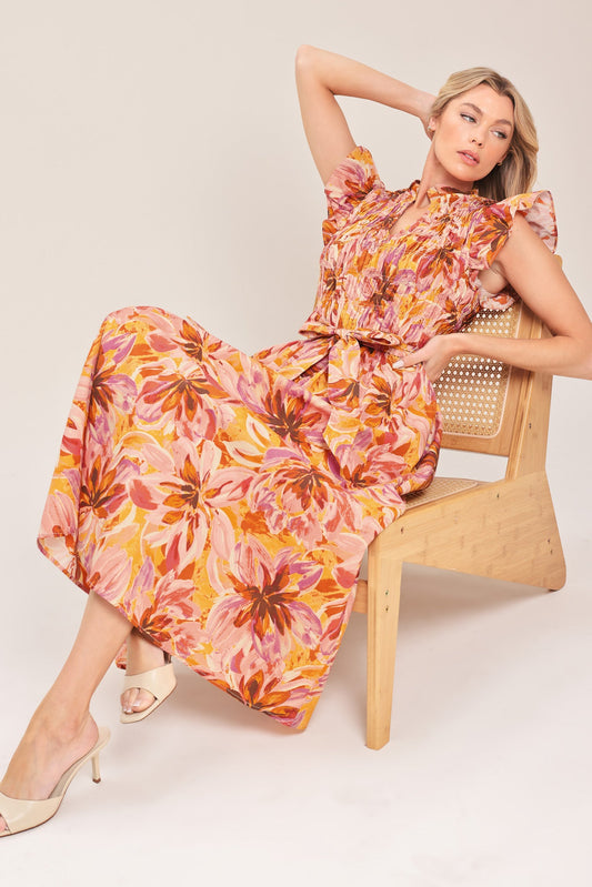Apricot Blossom Woven Midi Dress in coral yellow, view 7 — Soul Flow Apparel