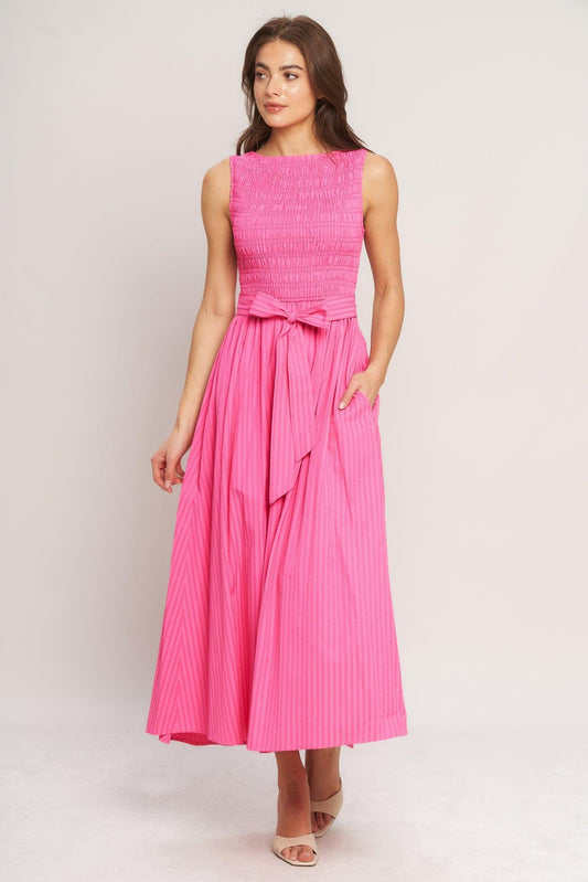 Pink Radiance Woven Midi Dress, view 1 — Soul Flow Apparel