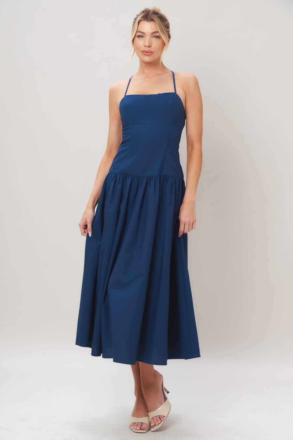 Refined Flow Woven Midi Dress in navy, view 1 — Soul Flow Apparel