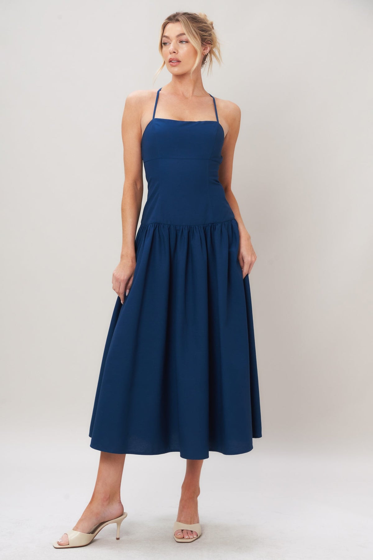 Refined Flow Woven Midi Dress in navy, view 2 — Soul Flow Apparel