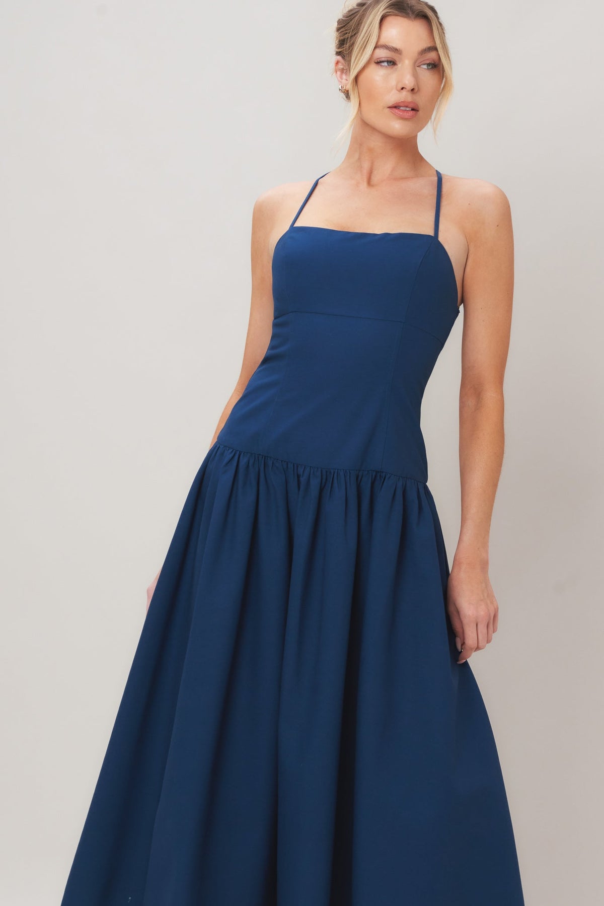 Refined Flow Woven Midi Dress in navy, view 3 — Soul Flow Apparel
