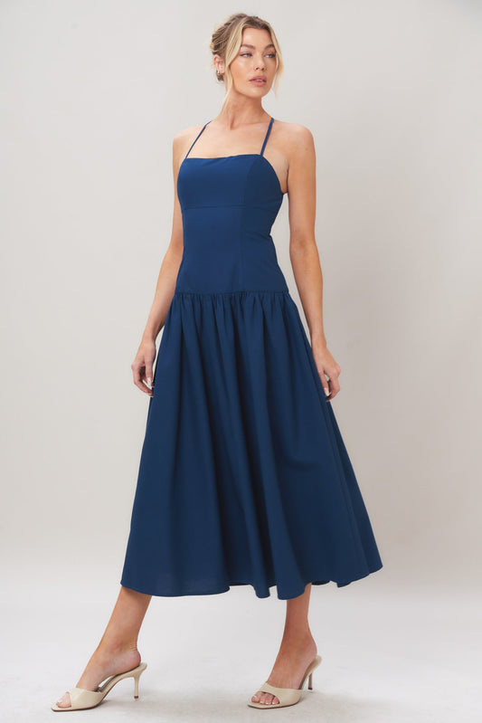 Refined Flow Woven Midi Dress in navy, view 4 — Soul Flow Apparel