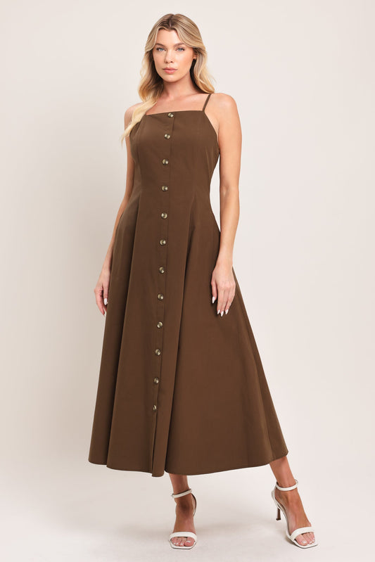 Earthy Grace Woven Midi Dress in chocolate, view 1 — Soul Flow Apparel