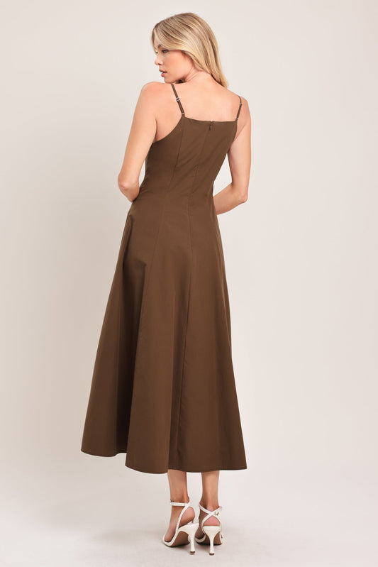 Earthy Grace Woven Midi Dress in chocolate, view 4 — Soul Flow Apparel