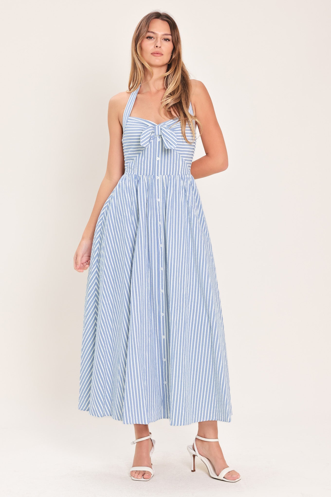 Fresh Day Stripe Woven Midi Dress in blue stripe, view 1 — Soul Flow Apparel