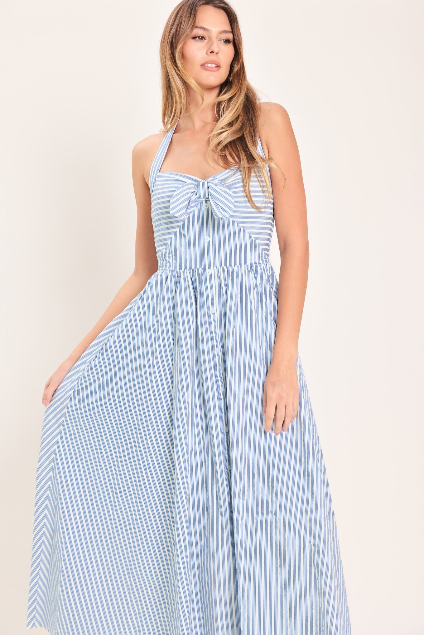 Fresh Day Stripe Woven Midi Dress in blue stripe, view 2 — Soul Flow Apparel
