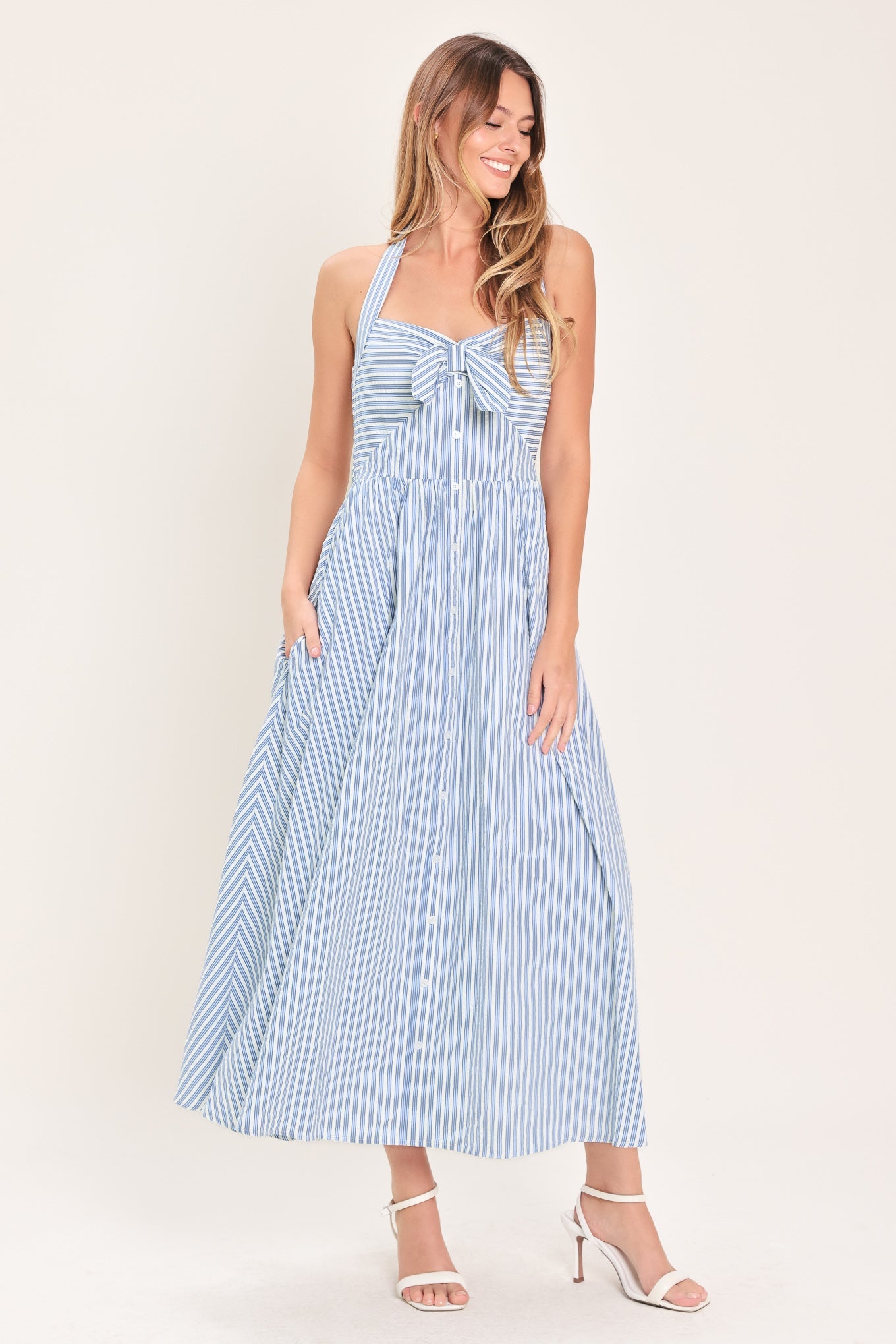 Fresh Day Stripe Woven Midi Dress in blue stripe, view 4 — Soul Flow Apparel