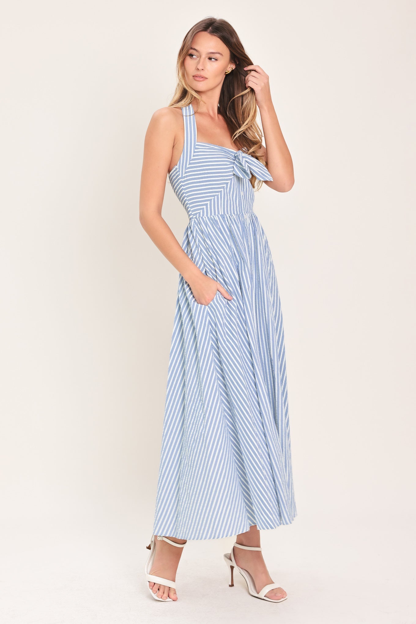 Fresh Day Stripe Woven Midi Dress in blue stripe, view 5 — Soul Flow Apparel