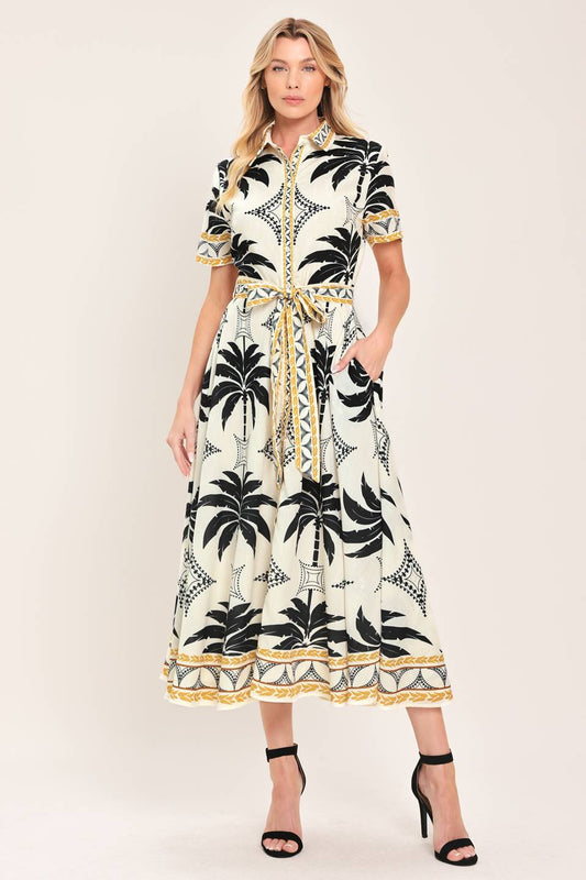 Monaco Moonlight Woven Shirt Midi Dress in off-white black gold, view 1 — Soul Flow Apparel