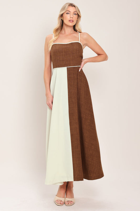 Sienna Form Woven Midi Dress in beige brown, view 2 — Soul Flow Apparel