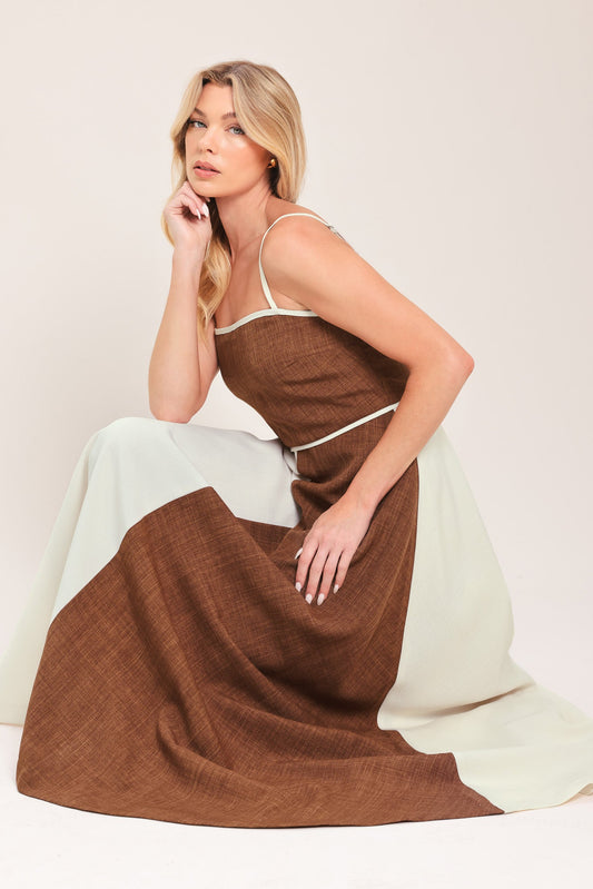 Sienna Form Woven Midi Dress in beige brown, view 7 — Soul Flow Apparel