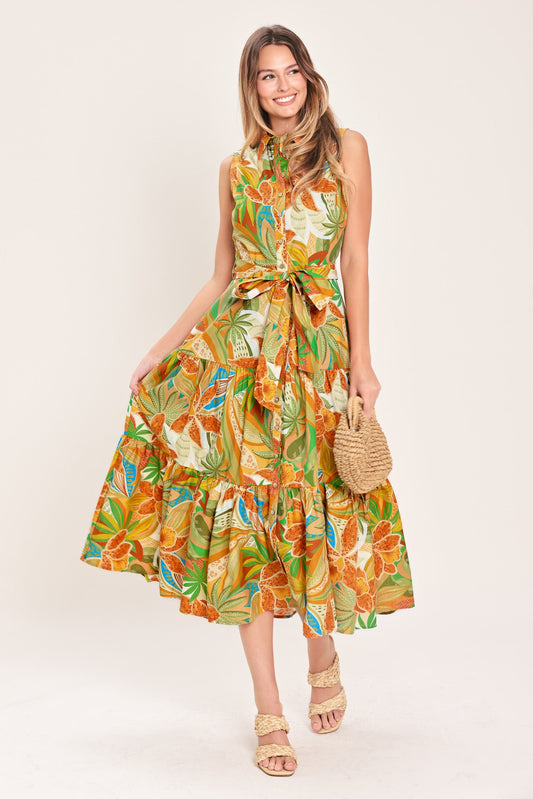 Tropical Bloom Tiered Woven Midi Shirt Dress in rust olive, view 1 — Soul Flow Apparel