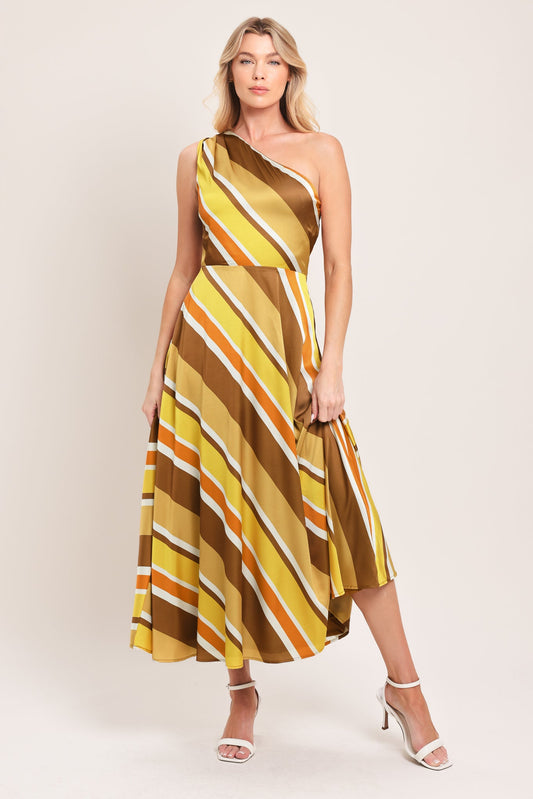 Soft Sunshine Woven Midi Dress in brown gold, view 1 — Soul Flow Apparel