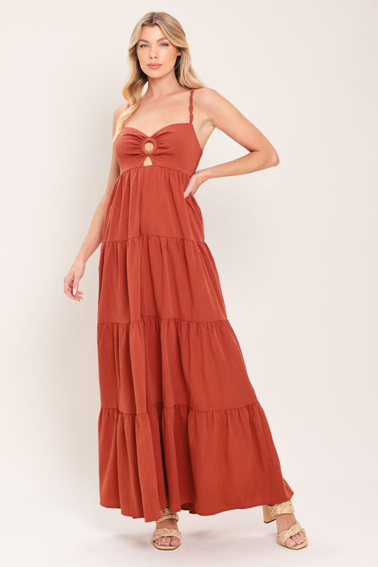 Amber Wave Woven Maxi Dress in terracotta, view 1 — Soul Flow Apparel