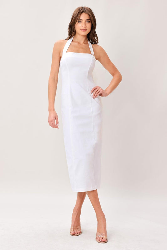 Luxe Essence Woven Midi Dress in white, view 1 — Soul Flow Apparel