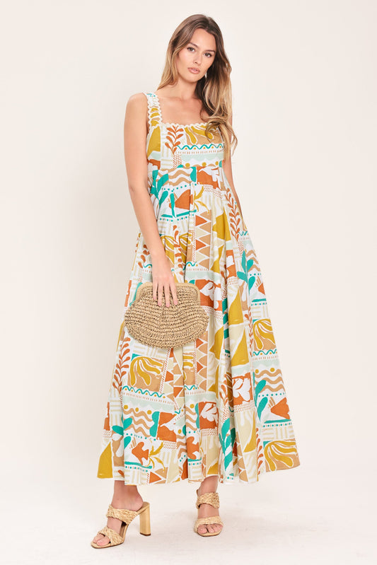 Sunset Mosaic Woven Midi Dress in ivory taupe, view 1 — Soul Flow Apparel