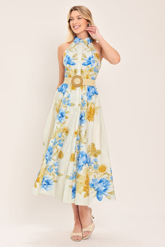 Sunny Daydream Woven Midi Dress in ivory blue, view 2 — Soul Flow Apparel