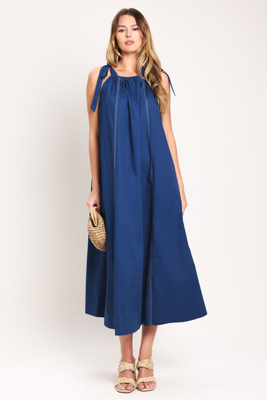 Coastal Ease Woven Midi Dress in navy, view 1 — Soul Flow Apparel